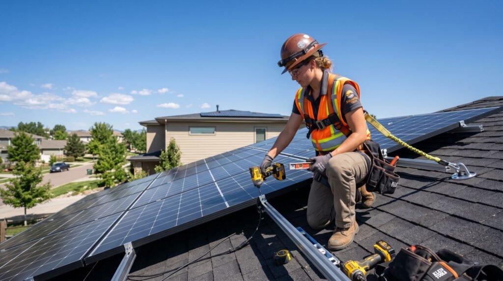 Solar technician installing rooftop panels